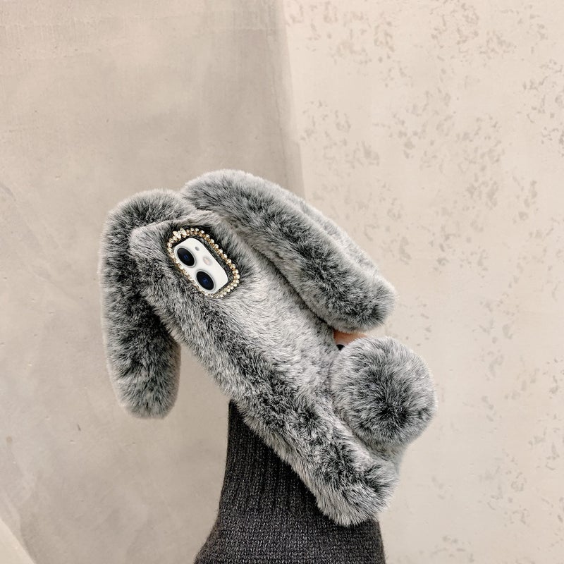 Omio for iPhone 11 Rabbit Faux Fur Case, Soft Handmade Fluffy Furry Cute Bunny Plush Rabbit Warm Big Ear Bling Crystal Rhinestone Bowknot Ultra Thin Cover for Women Girls Dark Gray - Image 5